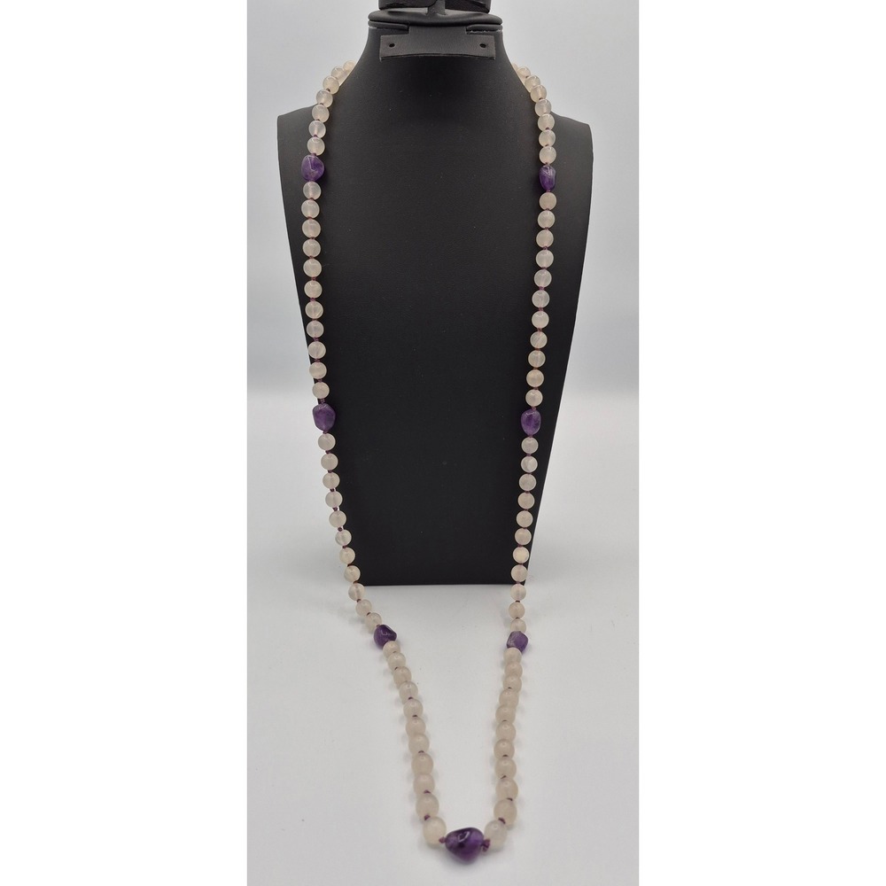 Vintage Amethyst White Chalcedony Beaded Necklace Purple White Hand Knotted Long